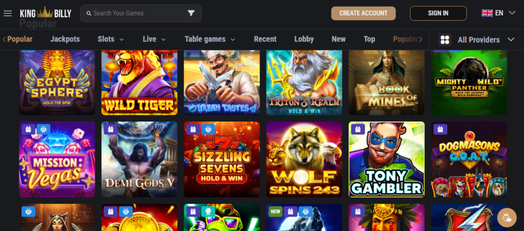 King Billy Casino Slots page